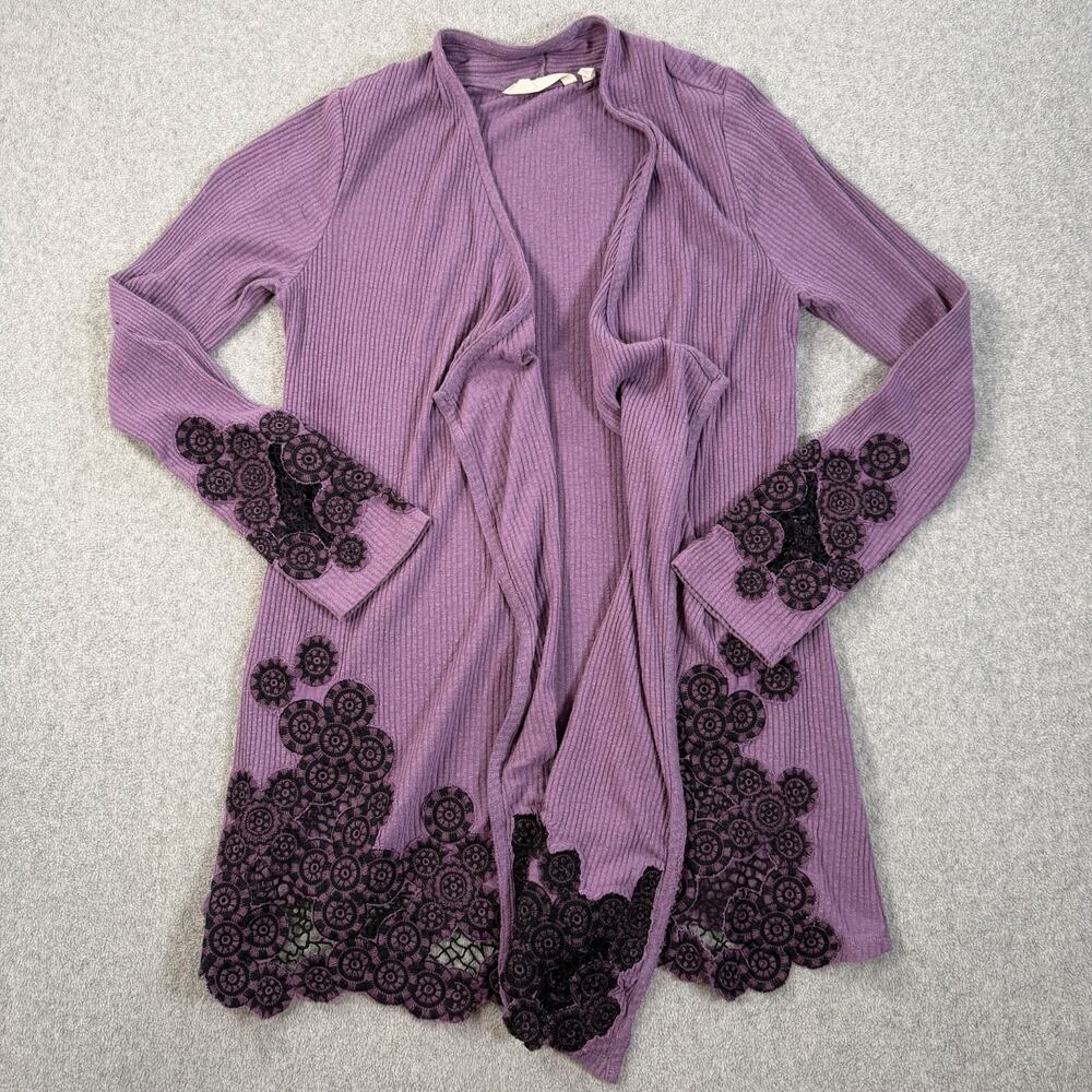 Soft Surroundings Purple Ribbed Lace Trim Cardigan Duster Women's Medium Open